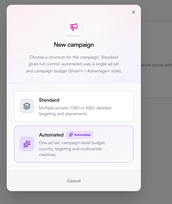 Campaign structure selector with Ads Coach suggestion