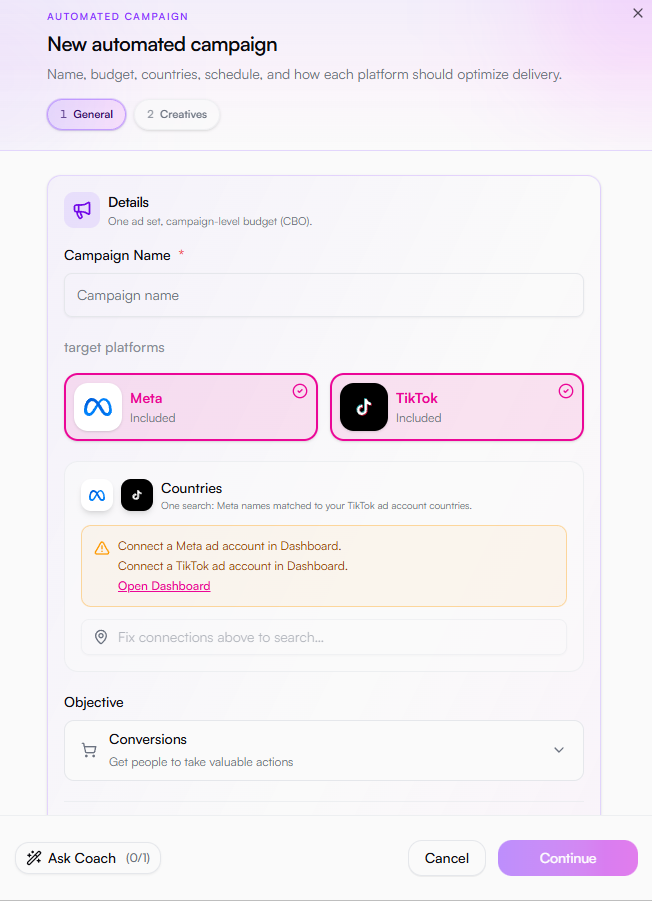 Meta + TikTok campaign creation flow in URADS