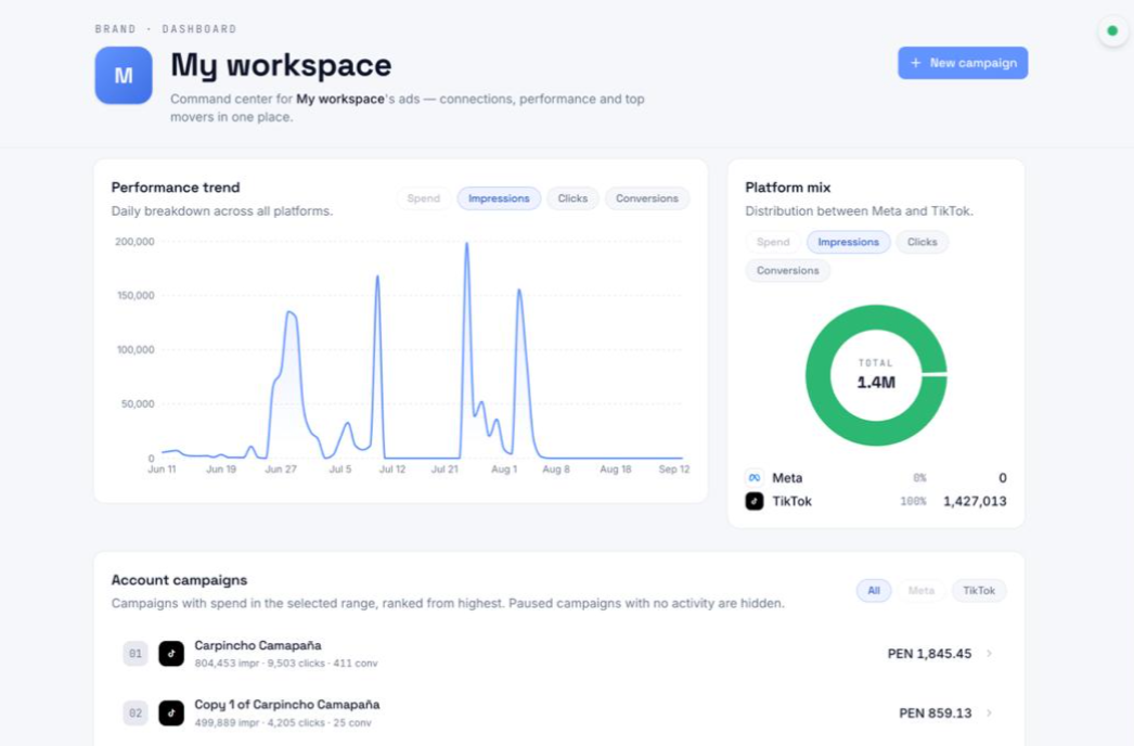 URADS dashboard showing Meta and TikTok campaign performance